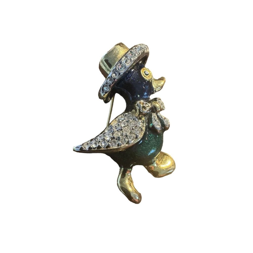 Vintage Puccini Gold Tone Green Enamel Duckling Brooch Pin With Crystal Hat & Ca